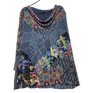 Caleaas Womens XL? Blue Paisley Embroidered 3/4 Sleeve Pullover Top (K4)